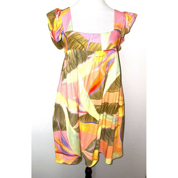 Kourt Ruffled Sleeve Rayon/Linen Blend Multi-Color Tropical Print Mini Dress - Picture 1 of 9